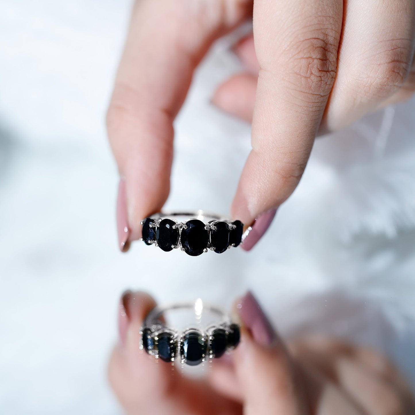 Oval Shaped Black Onyx 5 Stone Anniversary Ring