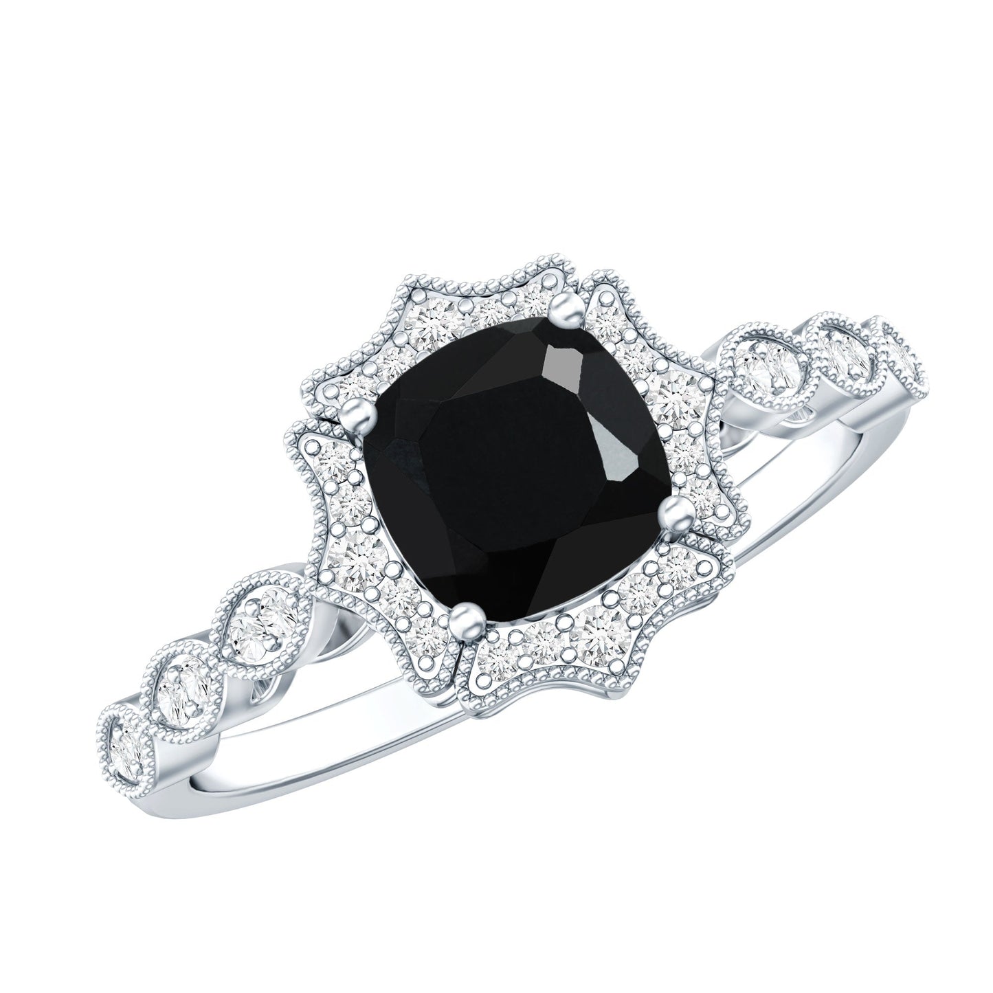 Vintage Inspired Black Onyx and Diamond Halo Engagement Ring