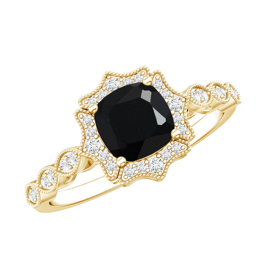 Vintage Inspired Black Onyx and Diamond Halo Engagement Ring