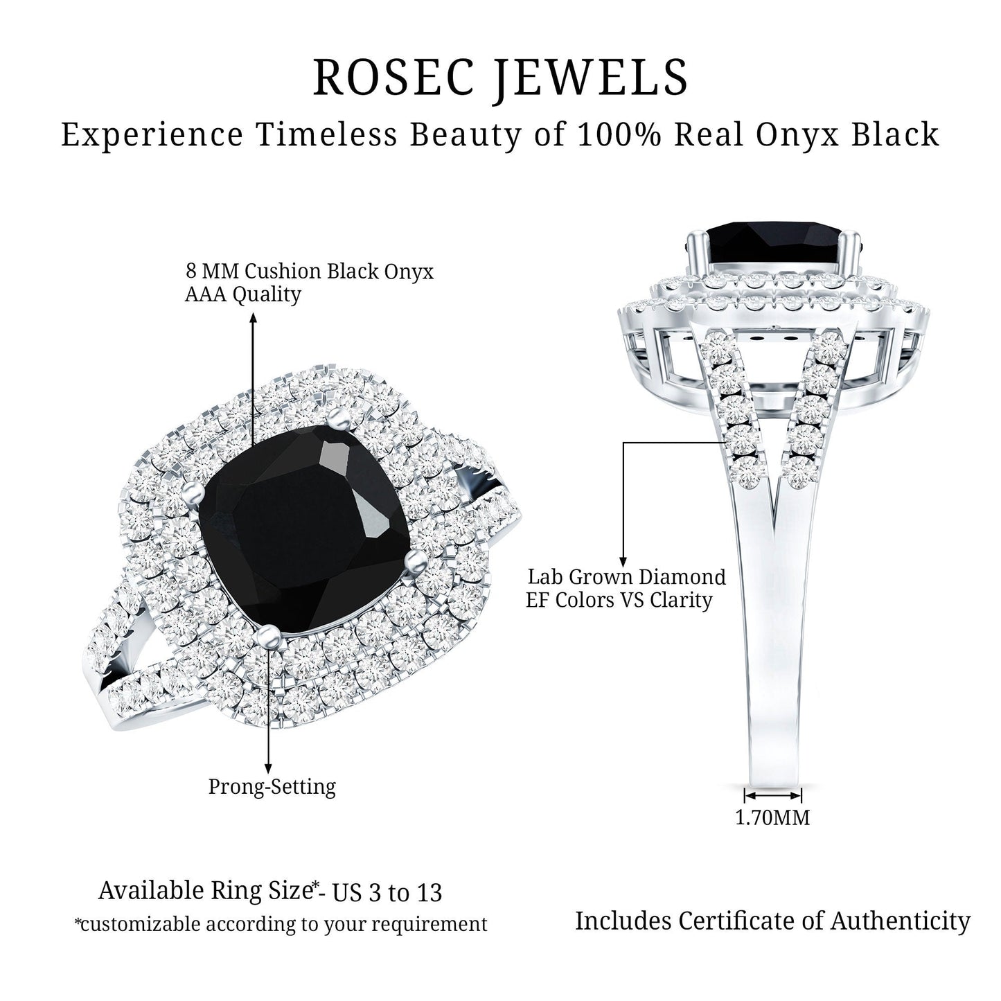 Vintage Style Cushion Cut Black Onyx and Diamond Double Halo Engagement Ring