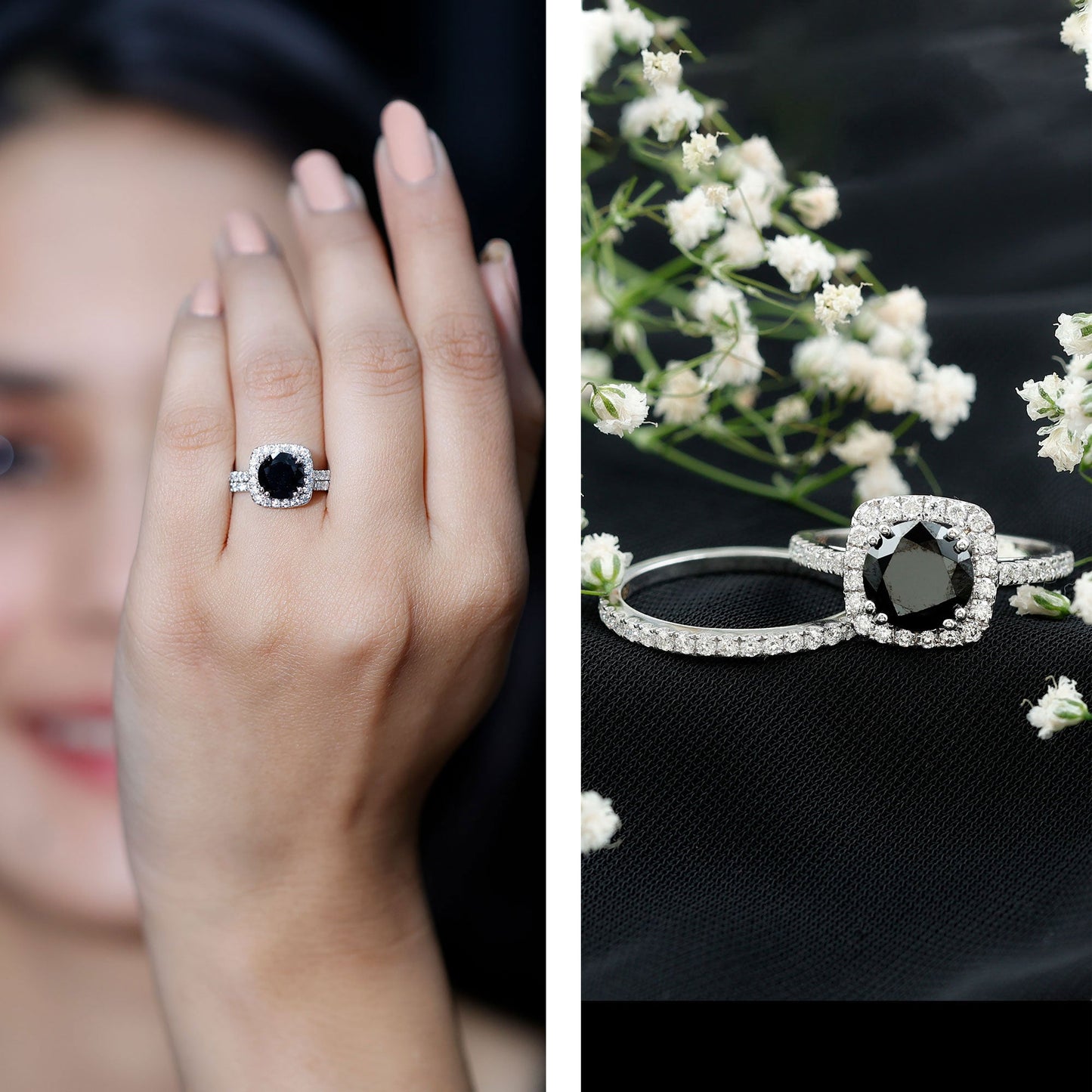 Certified 2 Carat Lab Grown Black Diamond Halo Engagement Ring with Wedding Band