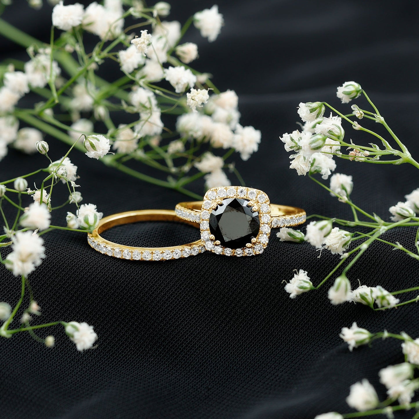 Certified 2 Carat Lab Grown Black Diamond Halo Engagement Ring with Wedding Band