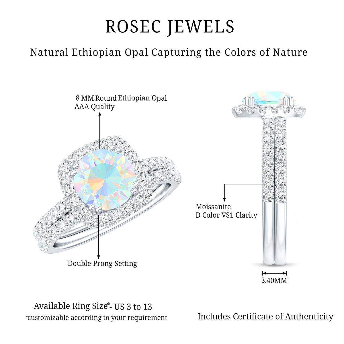 Real Ethiopian Opal Engagement Ring with Moissanite Wedding Band