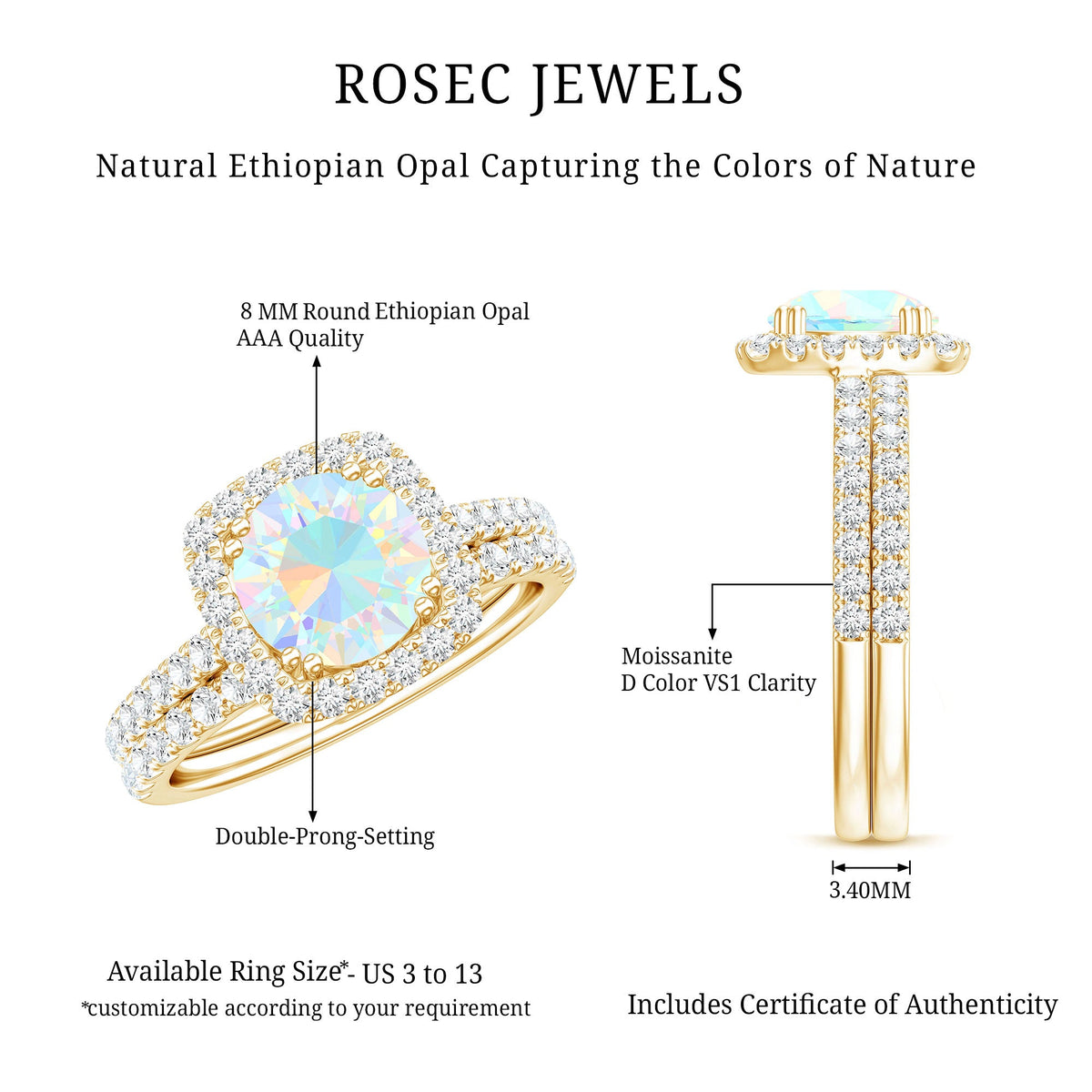 Real Ethiopian Opal Engagement Ring with Moissanite Wedding Band