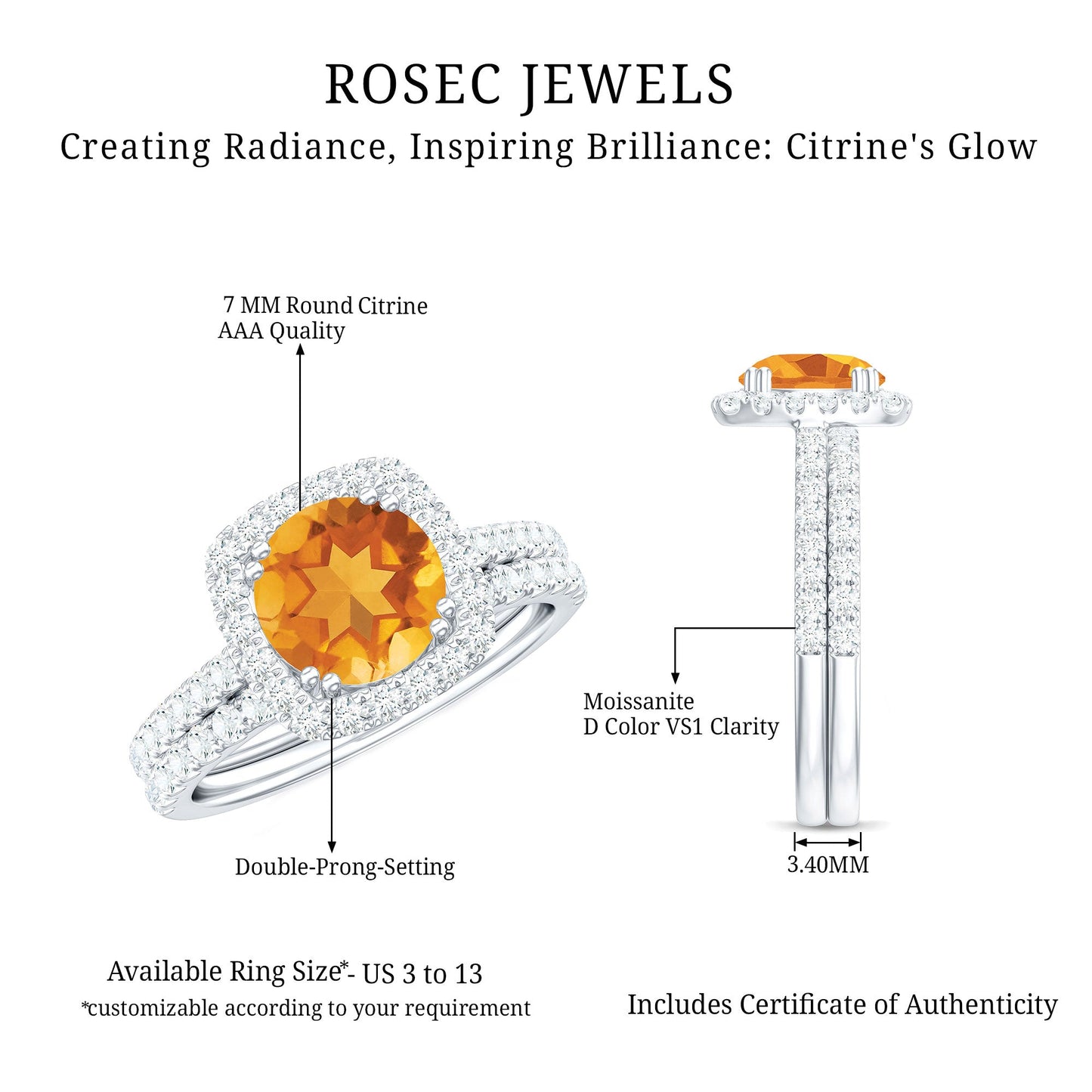 1.2 Carat Citrine Halo Wedding Ring Set with Moissanite
