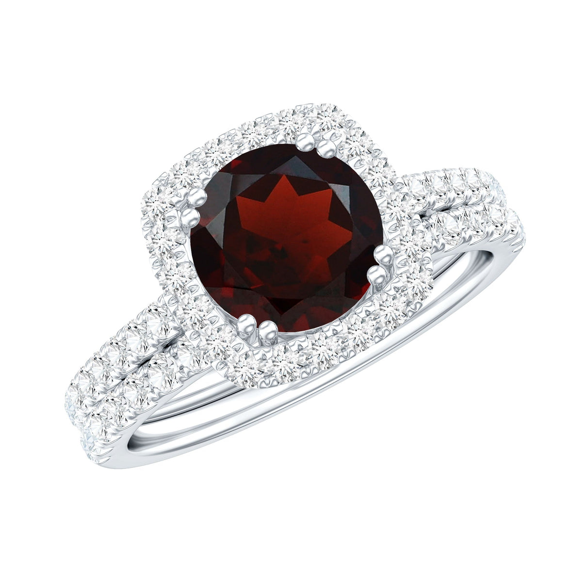 Natural Garnet Diamond Engagement Ring with Wedding Band