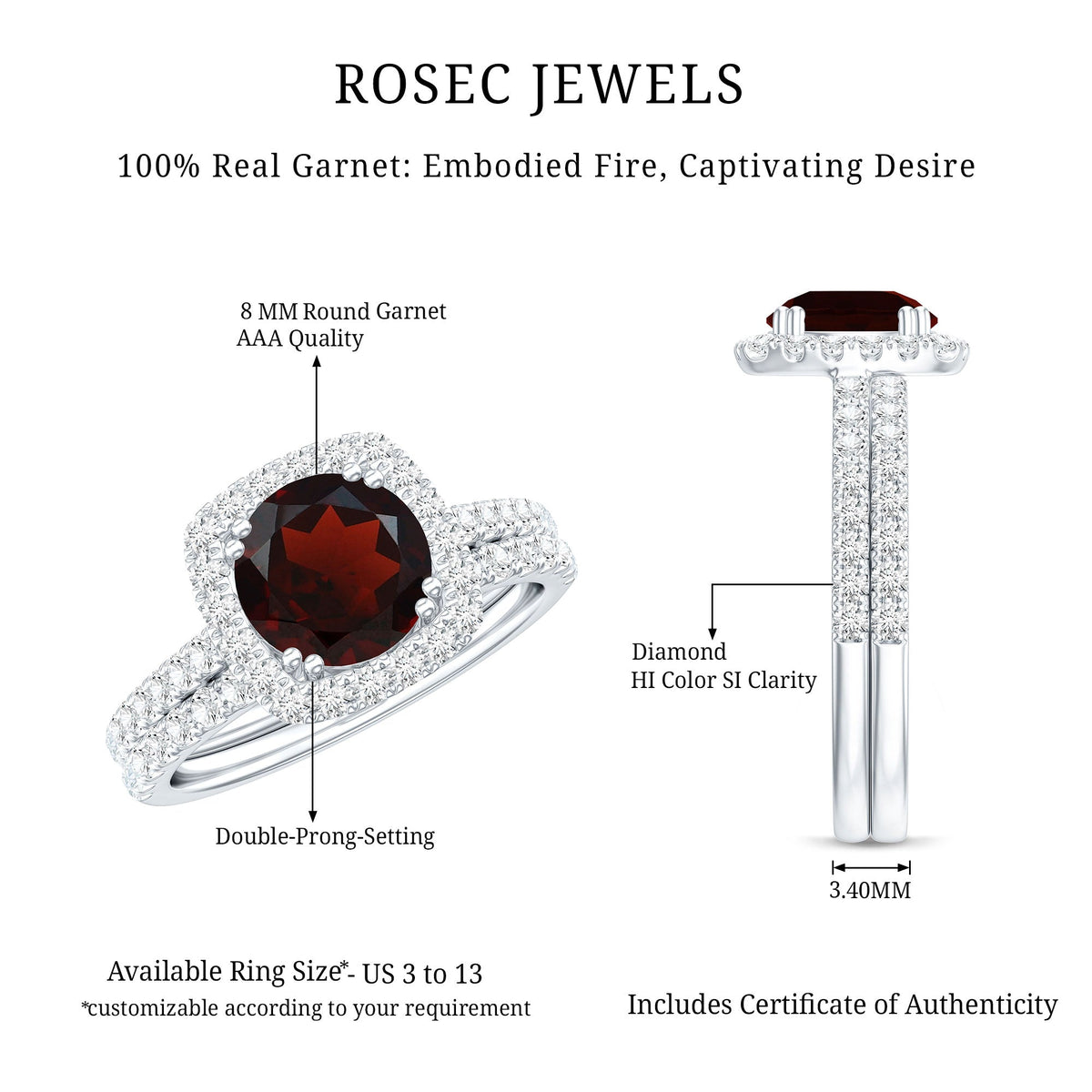Natural Garnet Diamond Engagement Ring with Wedding Band
