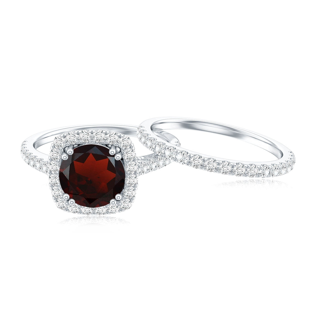 Natural Garnet Diamond Engagement Ring with Wedding Band