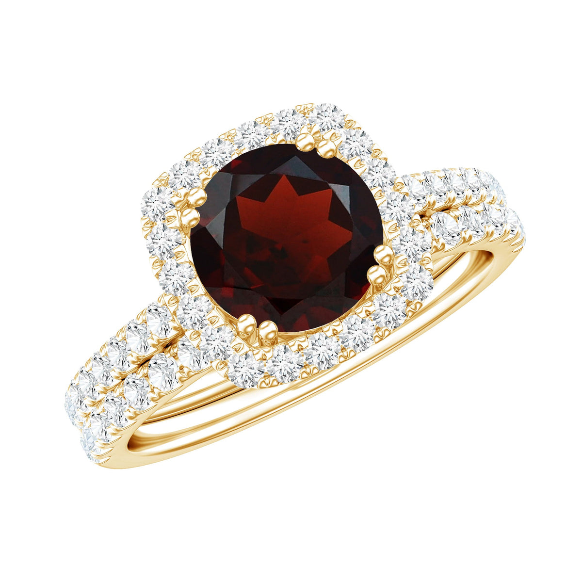 Natural Garnet Diamond Engagement Ring with Wedding Band