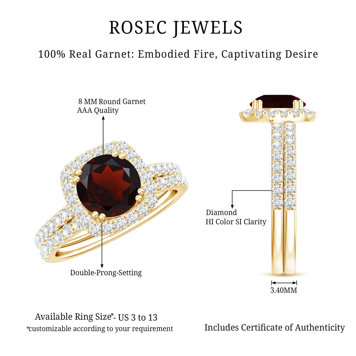 Natural Garnet Diamond Engagement Ring with Wedding Band