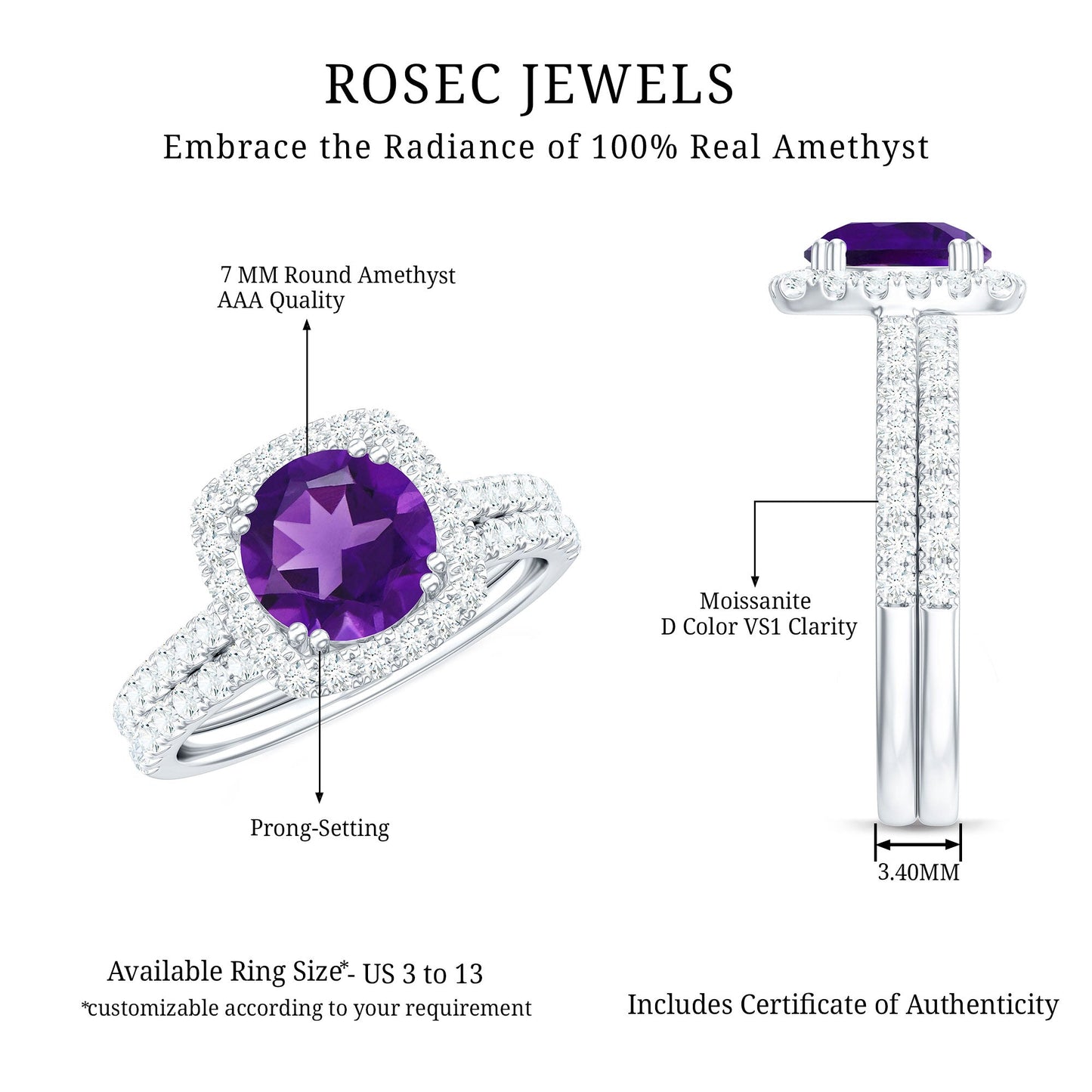 Real 1.2 Carat Amethyst Wedding Engagement Ring Set with Moissanite
