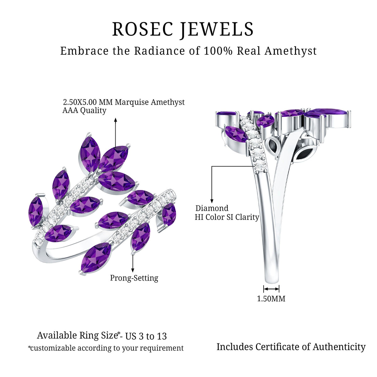 Nature Inspired Amethyst Diamond Cocktail Ring