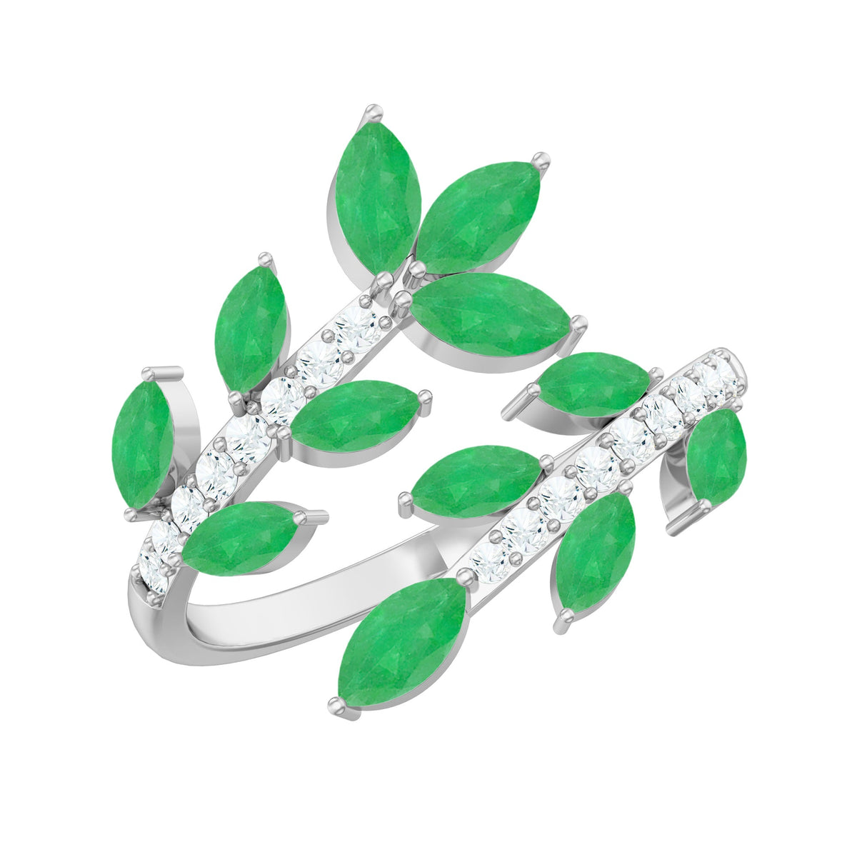 Natural Emerald and Diamond Leaf Wrap Ring