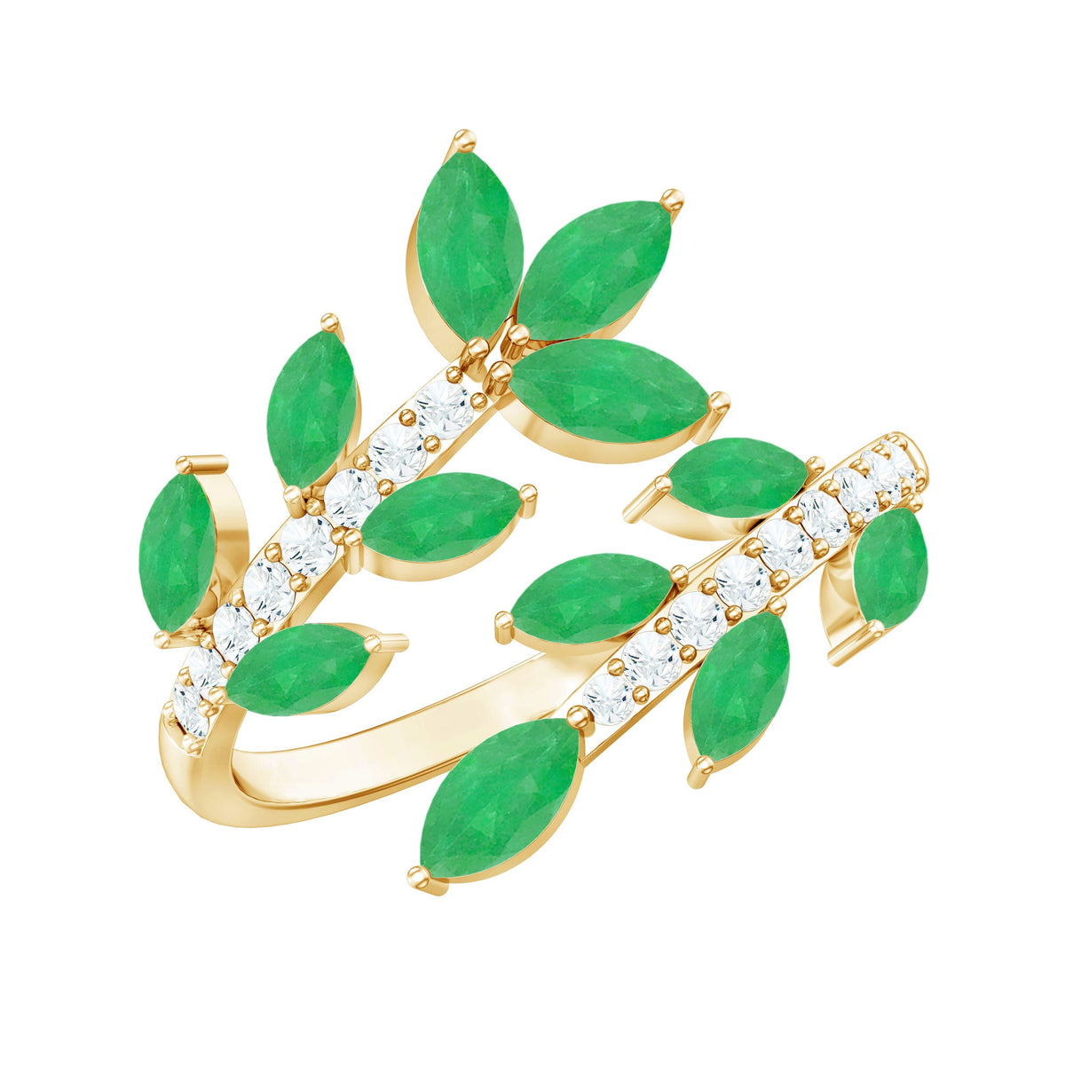 Natural Emerald and Diamond Leaf Wrap Ring