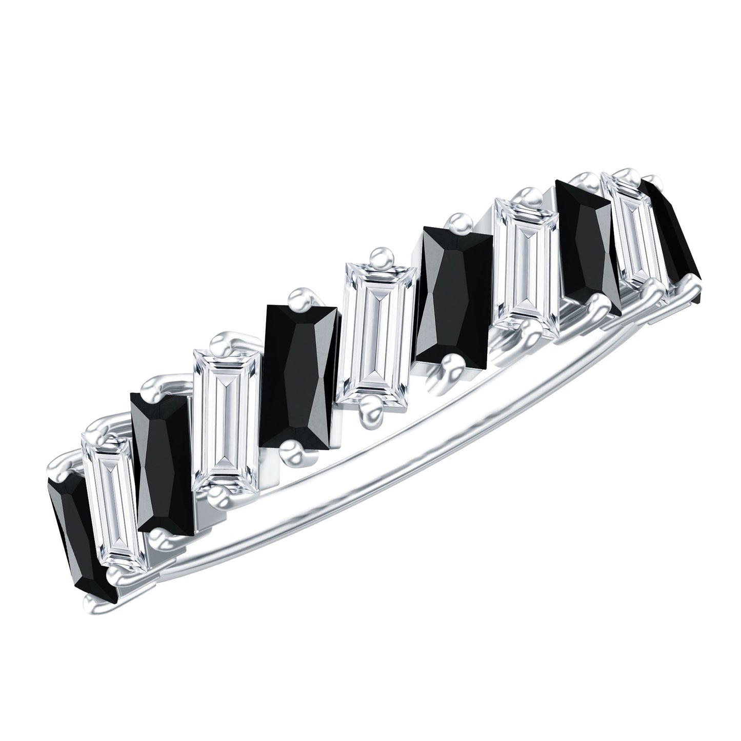 Baguette Cut Black Onyx and Moissanite Tilted Half Eternity Ring