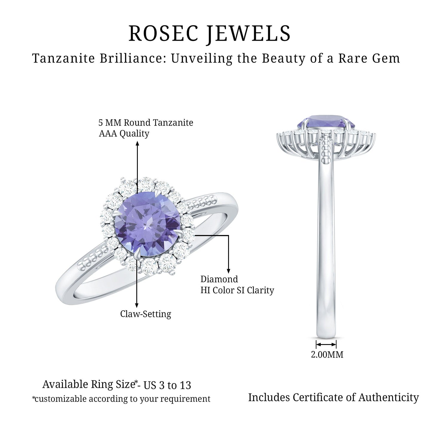 Natural Blue Tanzanite Engagement Ring with Diamond Halo