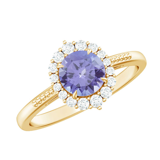 Natural Blue Tanzanite Engagement Ring with Diamond Halo
