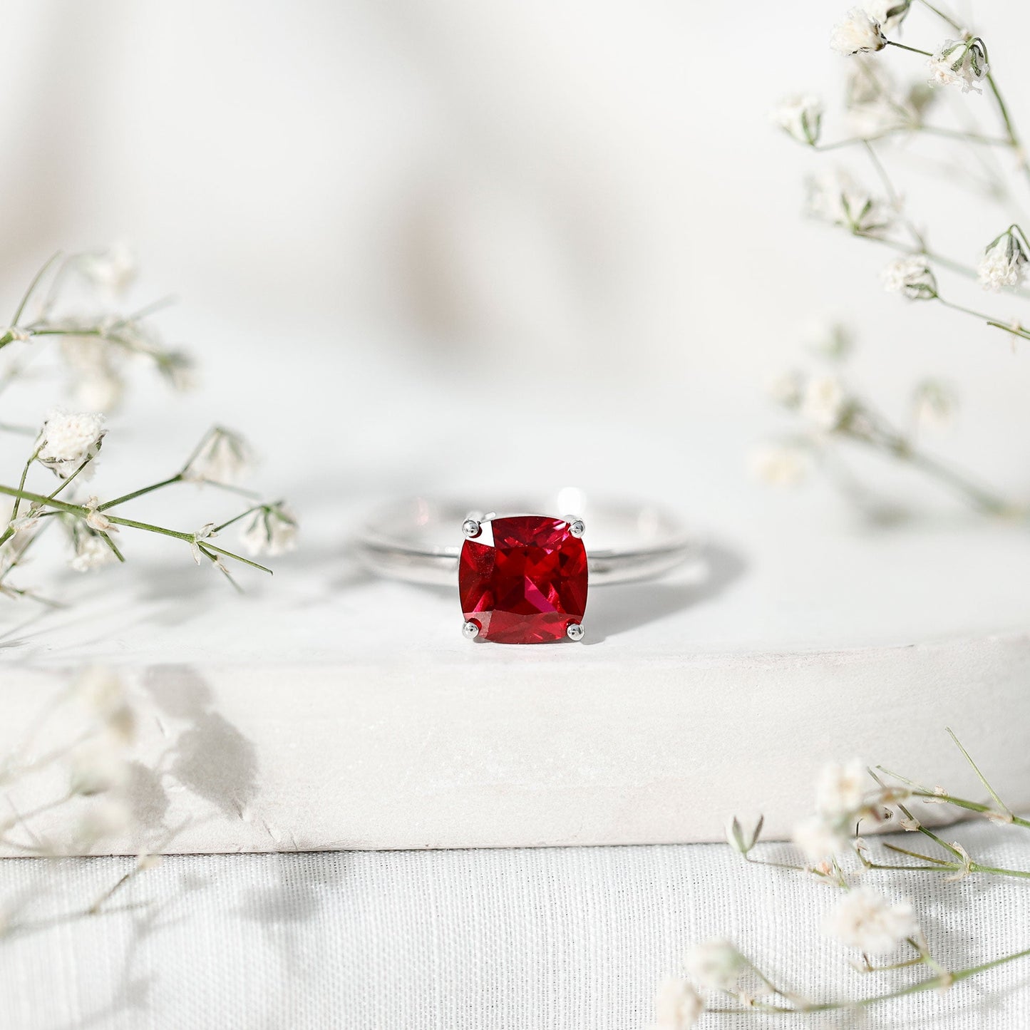 Solitaire 2 Carat Cushion Cut Lab Grown Ruby Engagement Ring