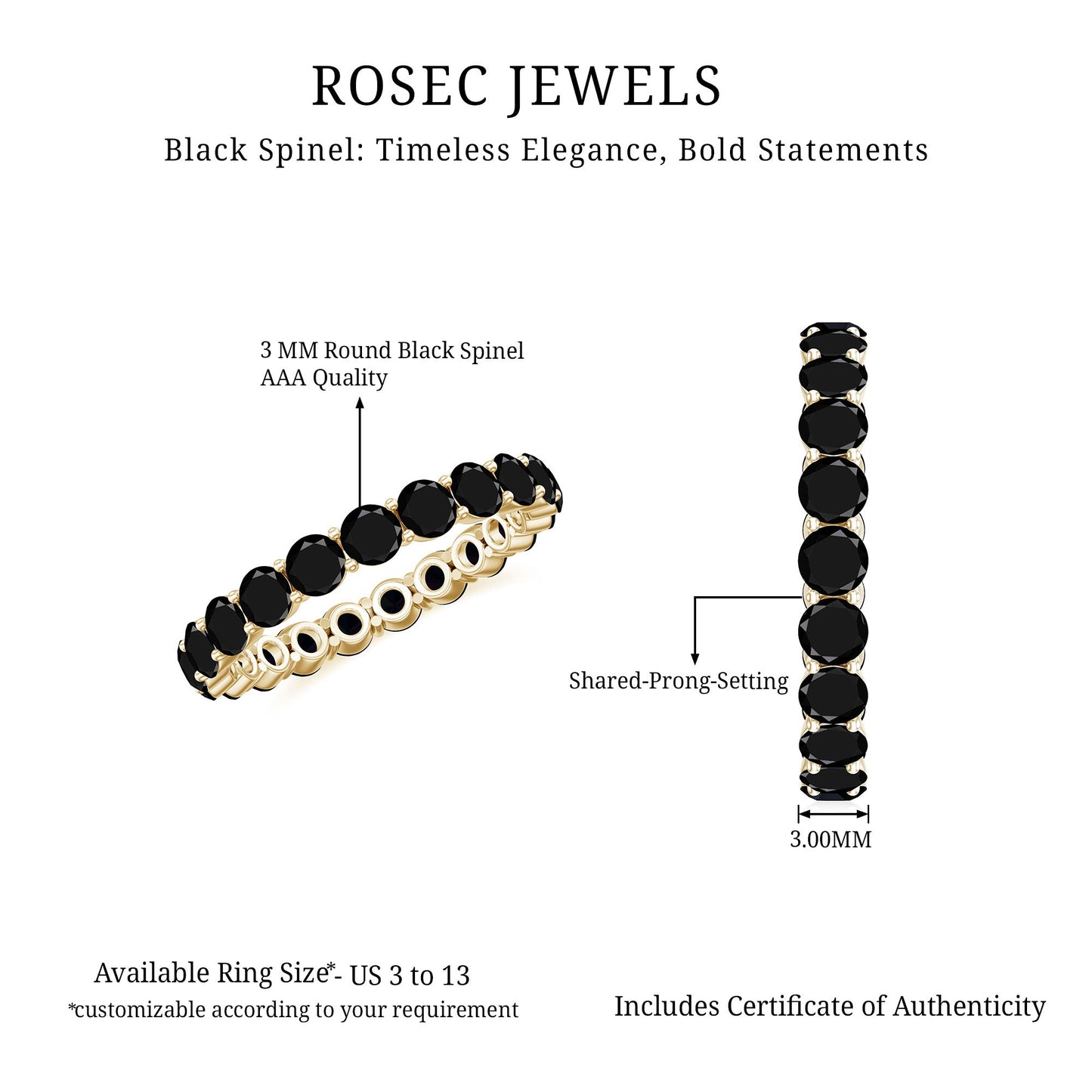 Certified Round Black Spinel Eternity Wedding Band