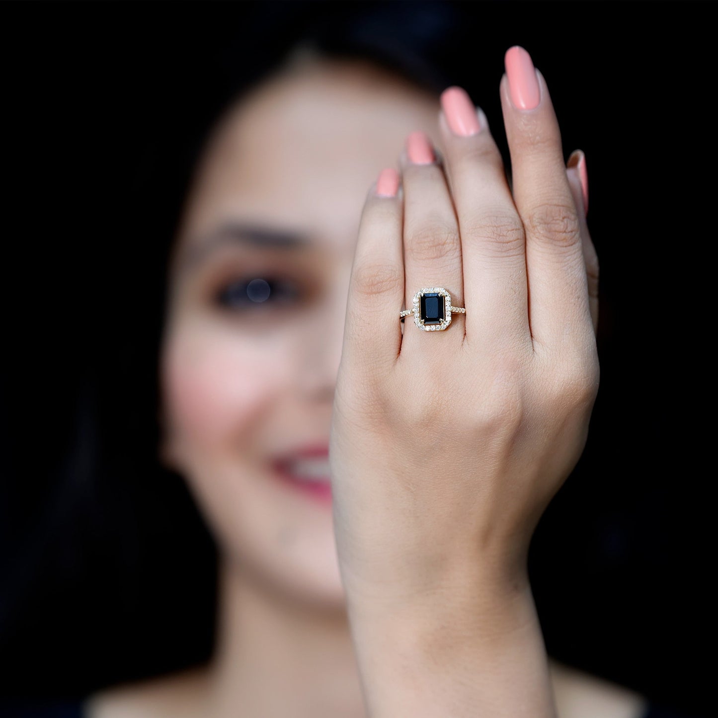 1.6 Carat Lab Grown Black and White Diamond Emerald Cut Engagement Ring with Halo
