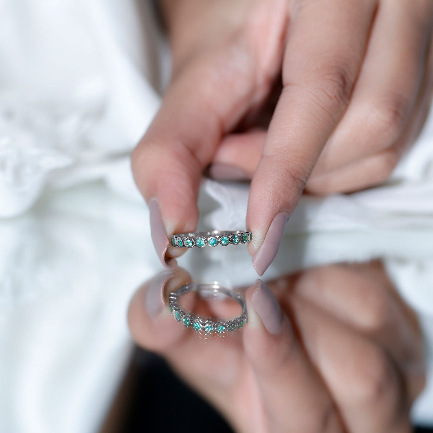 Natural Emerald Half Eternity Ring in Bezel Set