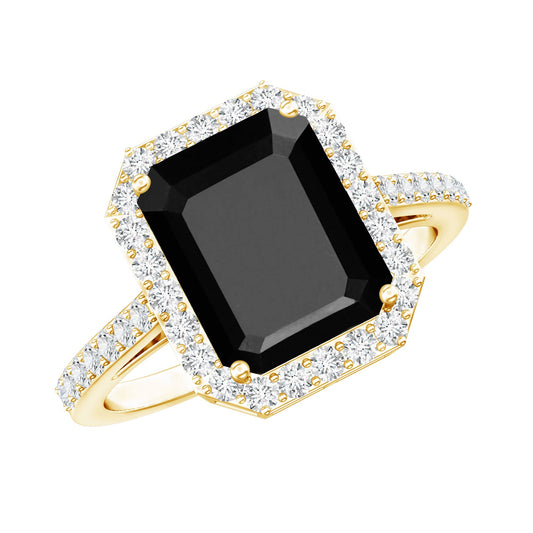 3.4 Carat Lab Grown Black Diamond Emerald Cut Engagement Ring with White Diamond Halo