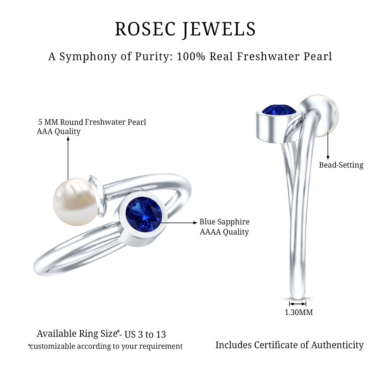 Lab Created Blue Sapphire and Pearl Toi Et Moi Ring