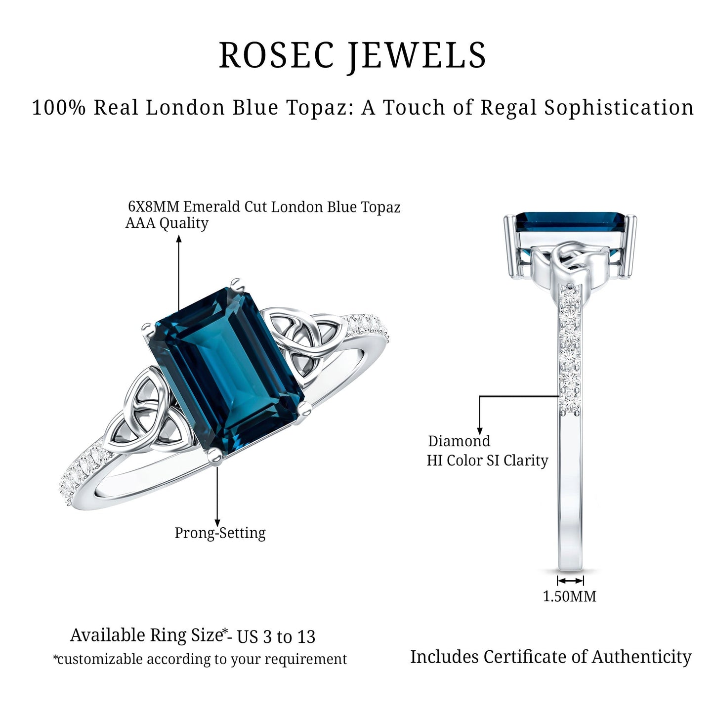 Emerald Cut London Blue Topaz Celtic Engagement Ring with Diamond