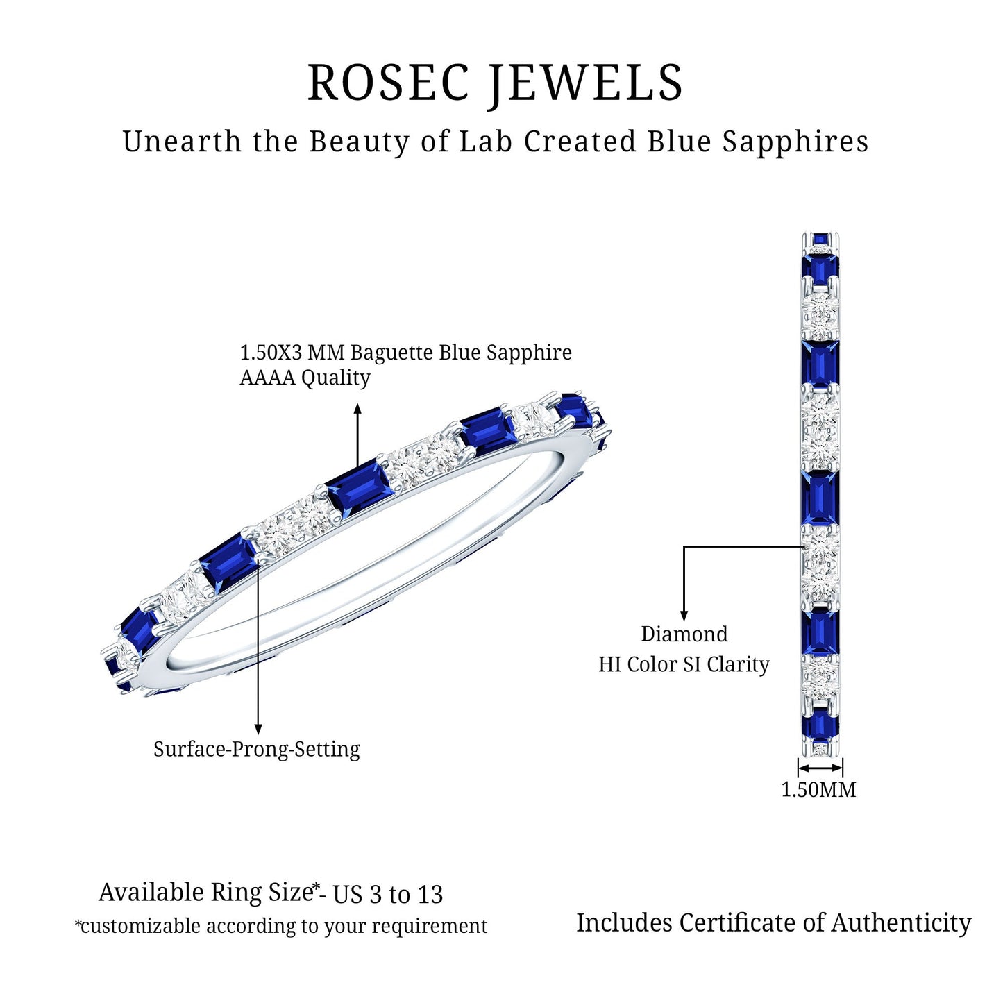 Certified Baguette Lab Blue Sapphire Eternity Ring with Diamond