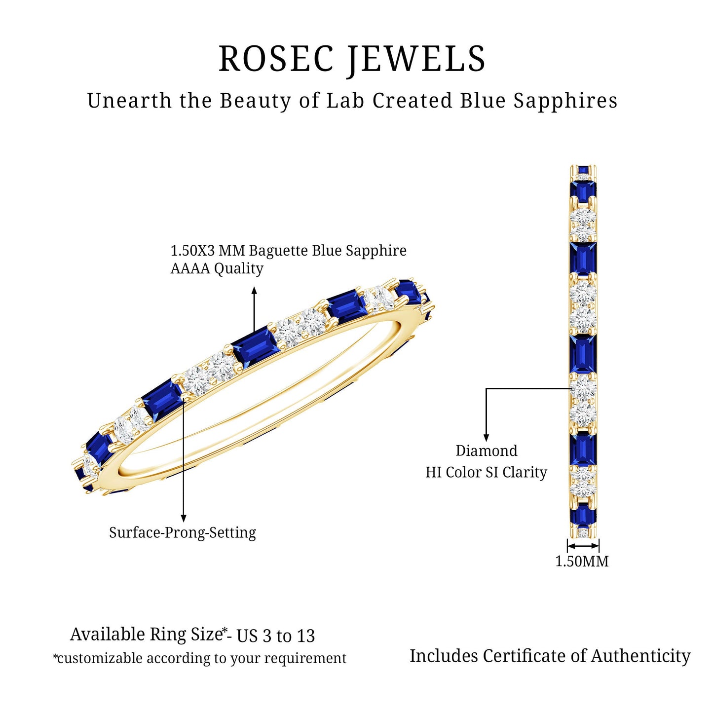 Certified Baguette Lab Blue Sapphire Eternity Ring with Diamond