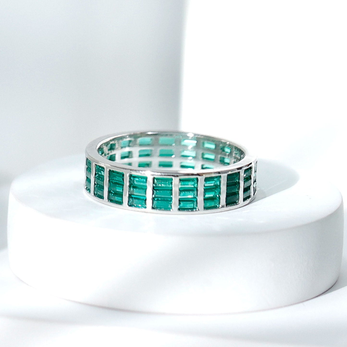 Baguette Cut Lab Grown Emerald 3 Row Eternity Band