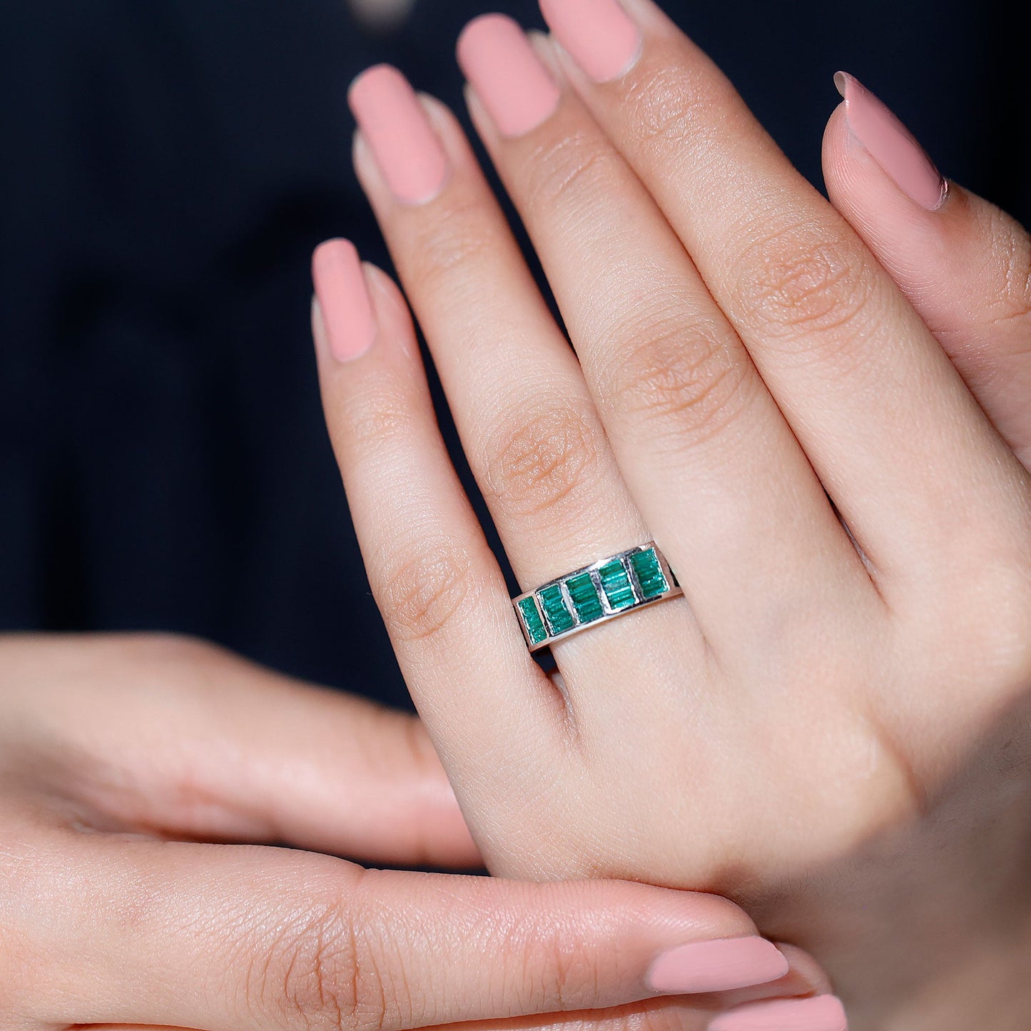 Baguette Cut Lab Grown Emerald 3 Row Eternity Band