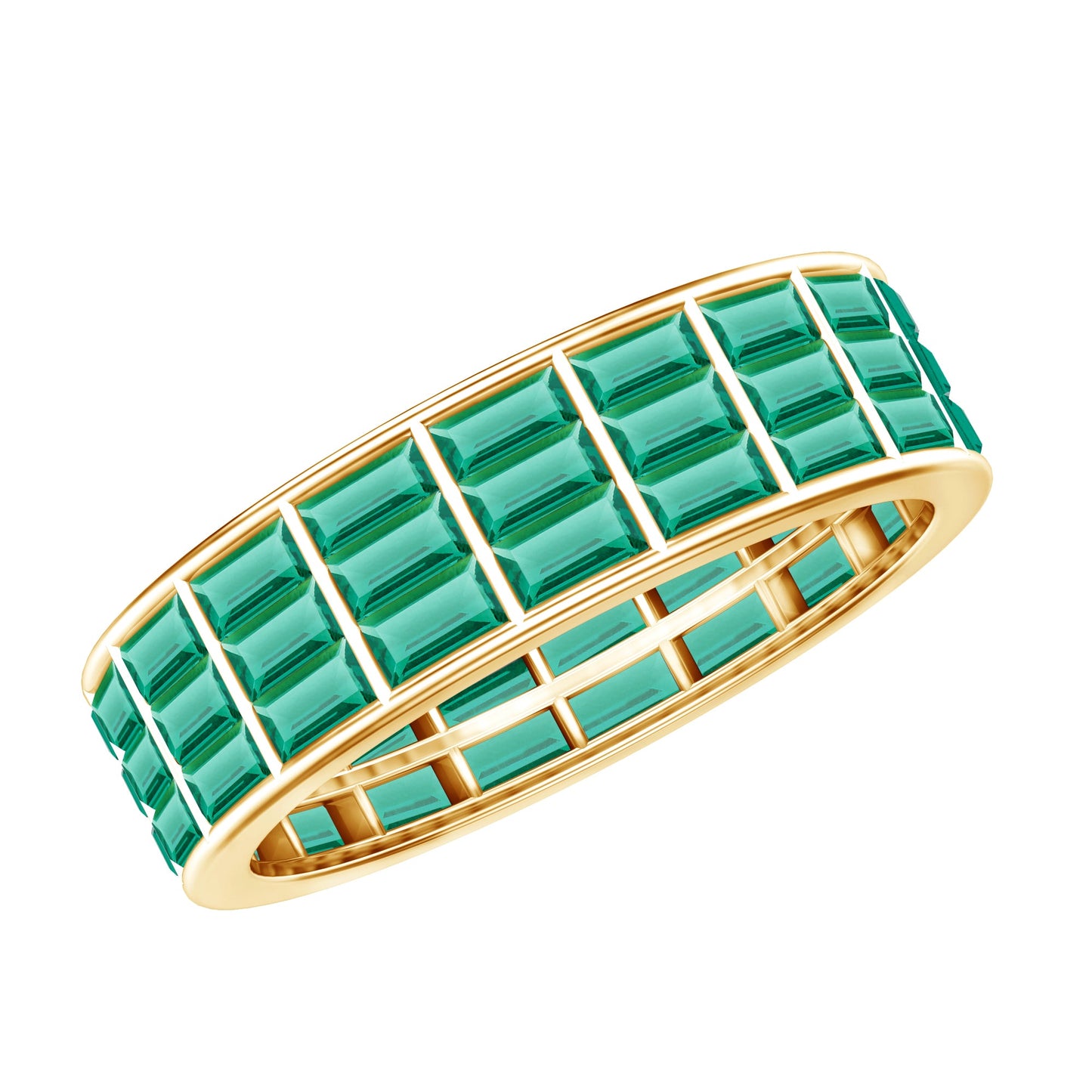 Baguette Cut Lab Grown Emerald 3 Row Eternity Band