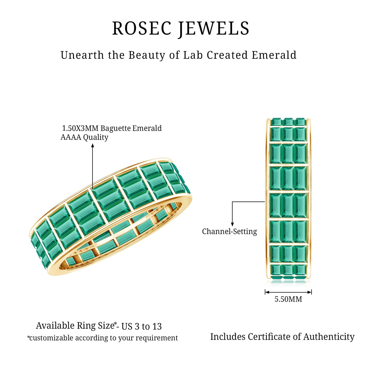 Baguette Cut Lab Grown Emerald 3 Row Eternity Band