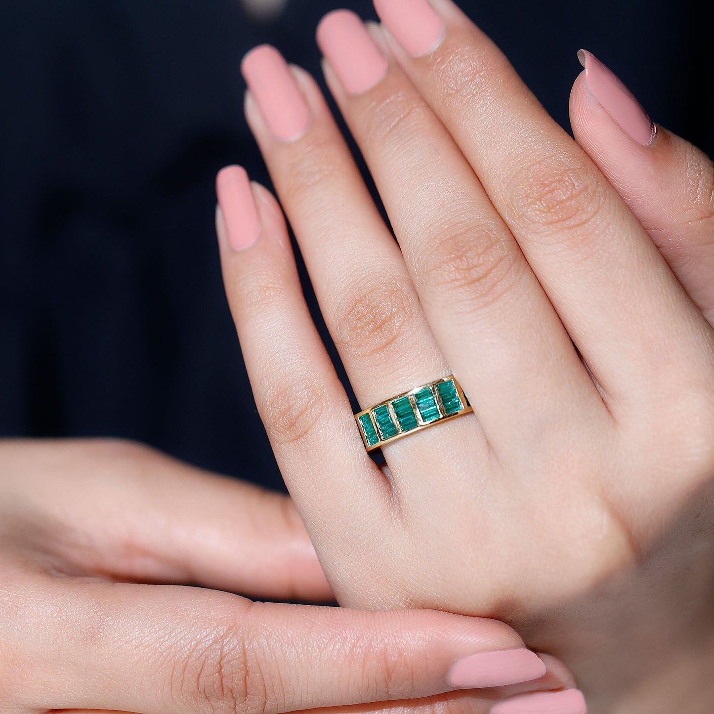 Baguette Cut Lab Grown Emerald 3 Row Eternity Band