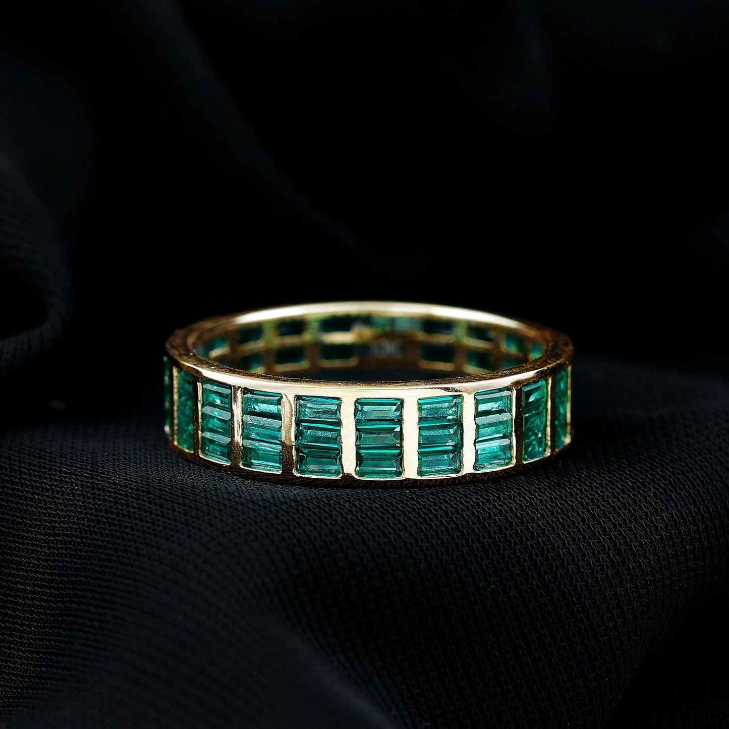 Baguette Cut Lab Grown Emerald 3 Row Eternity Band
