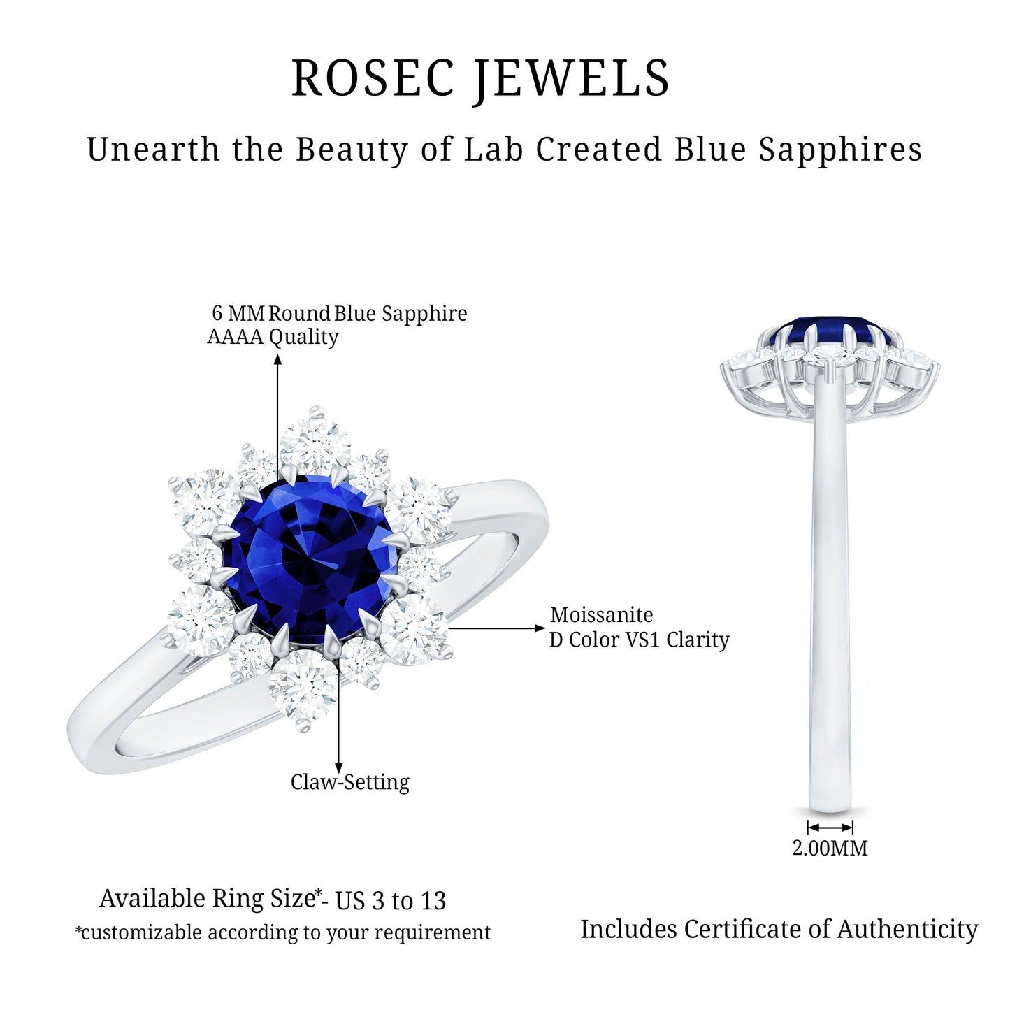 Round Cut Created Blue Sapphire Classic Halo Engagement Ring with Moissanite