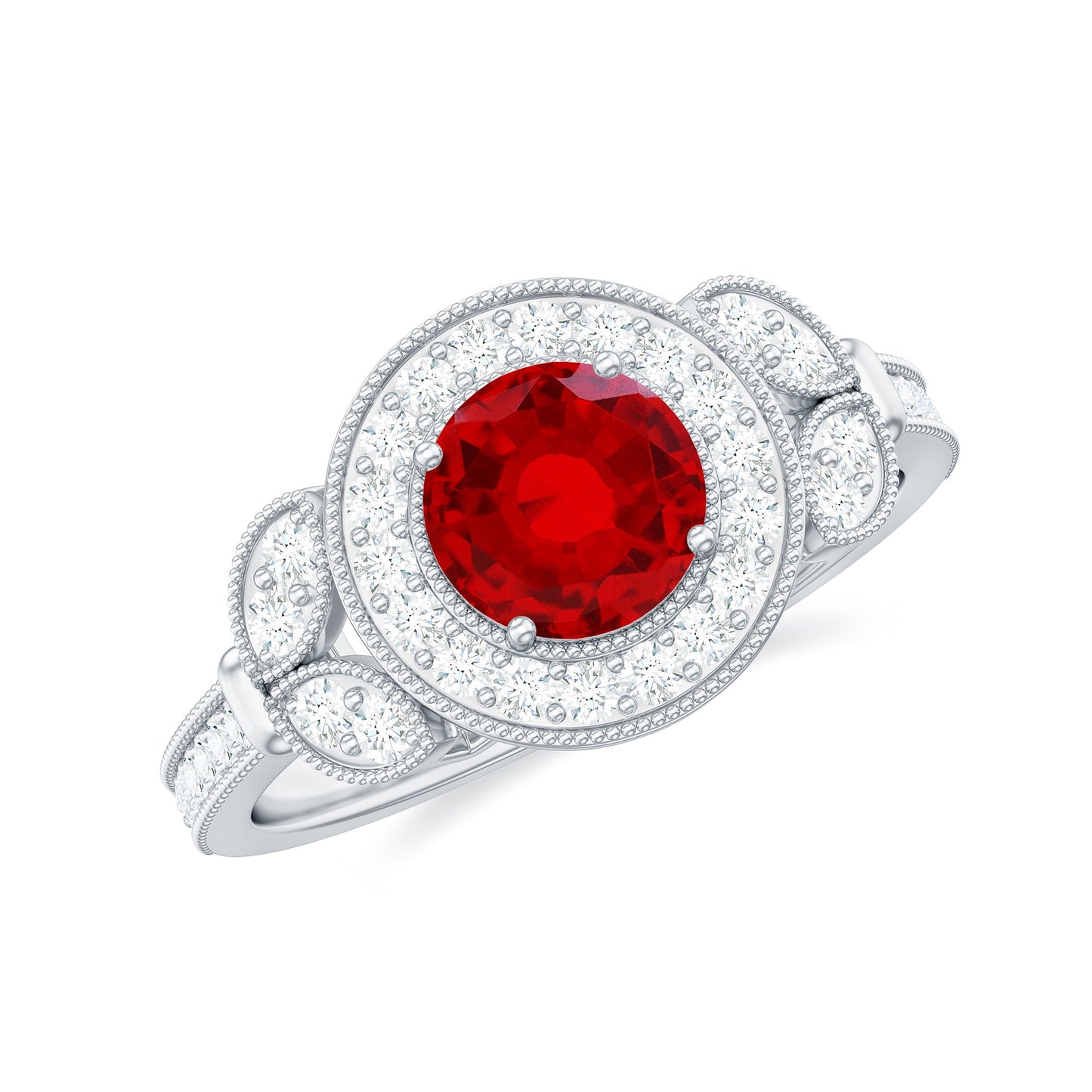 Vintage Inspired Lab Grown Ruby Engagement Ring with Diamond Halo