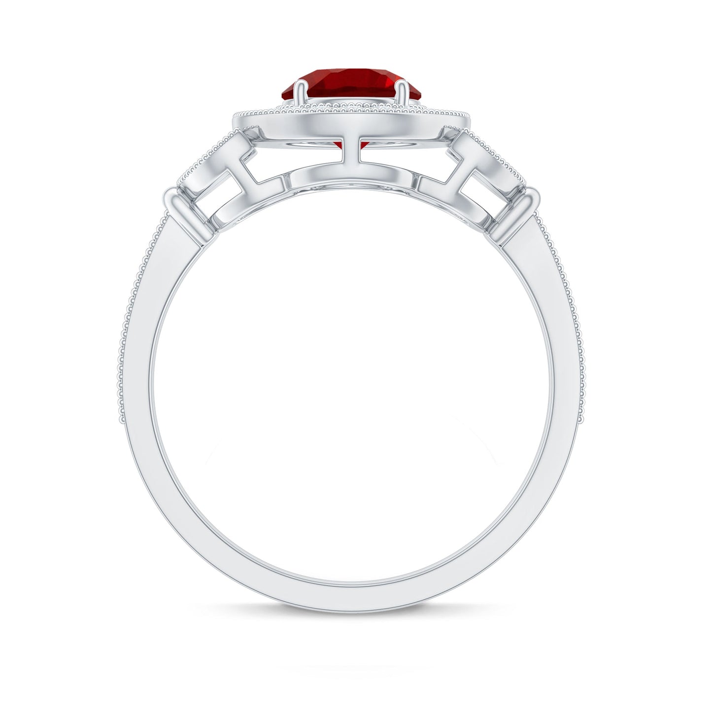 Vintage Inspired Lab Grown Ruby Engagement Ring with Diamond Halo