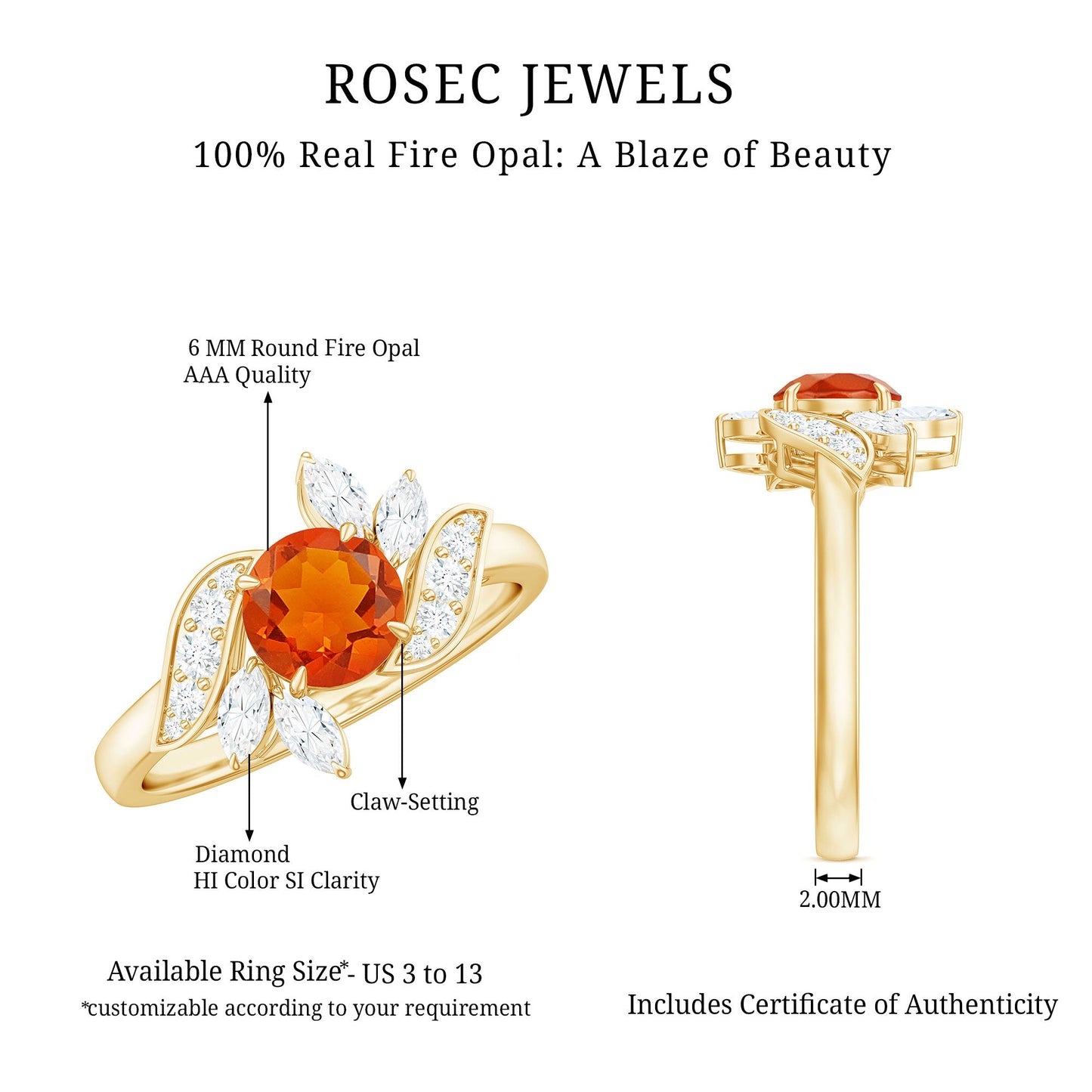 0.7 Carat Fire Opal Flower Engagement Ring with Diamond