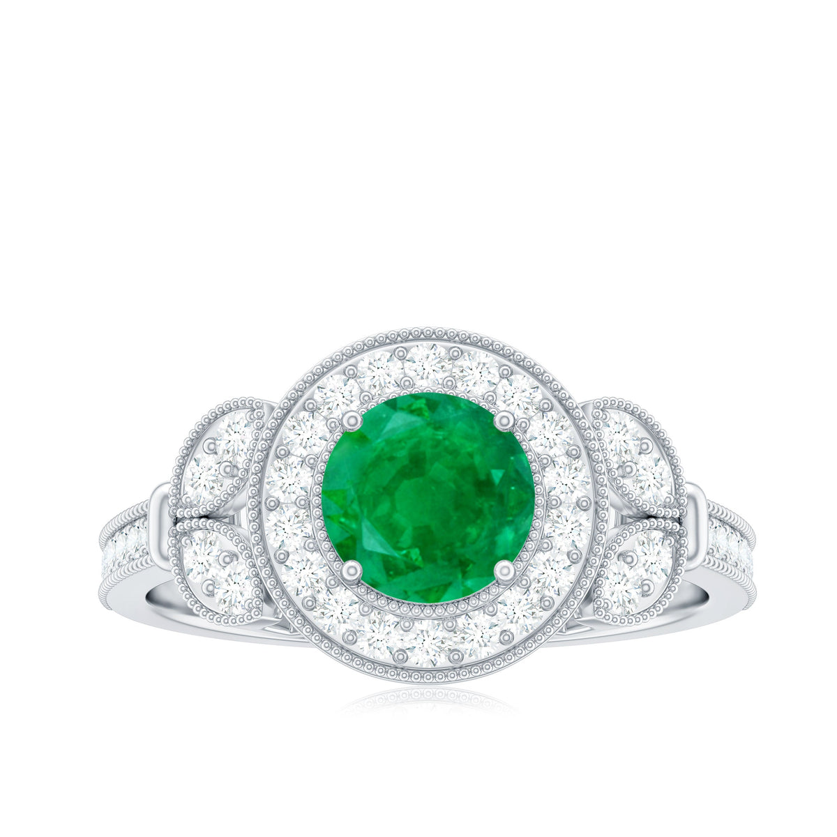 Vintage Style Emerald Engagement Ring with Diamond Halo