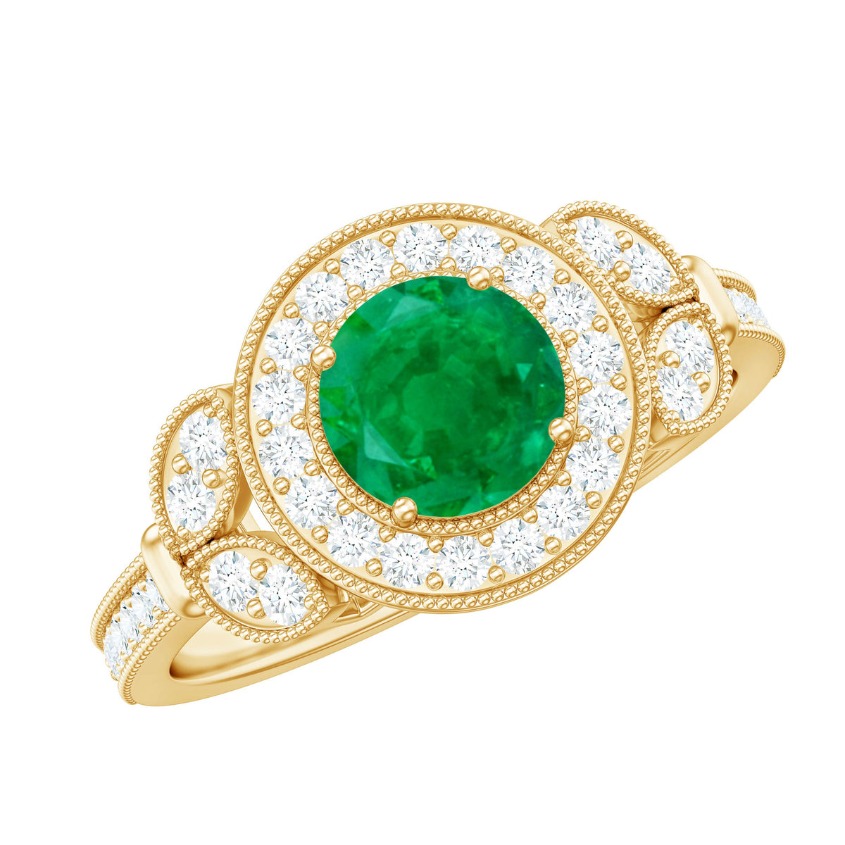 Vintage Style Emerald Engagement Ring with Diamond Halo