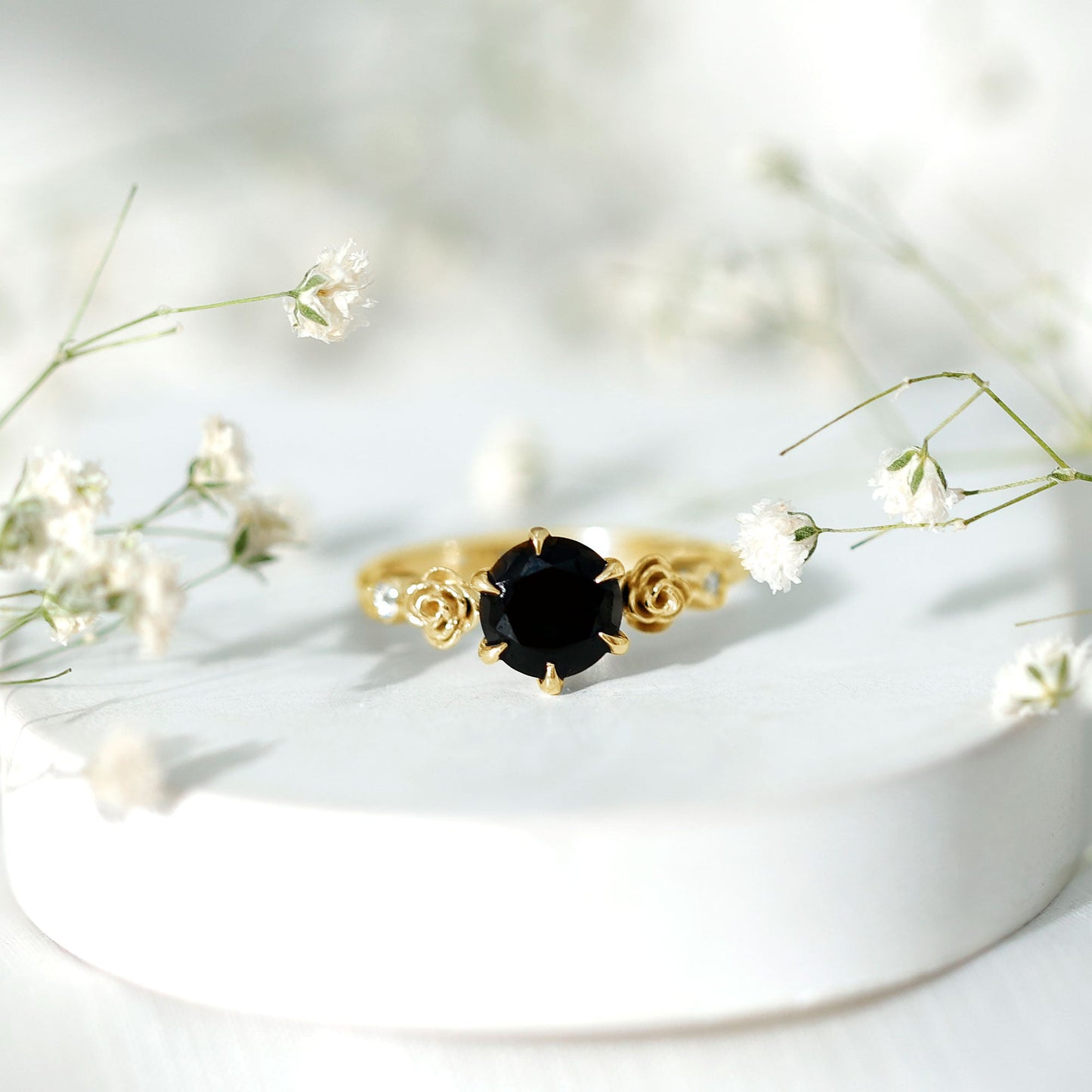 Natural Black Spinel Floral Engagement Ring with Diamond