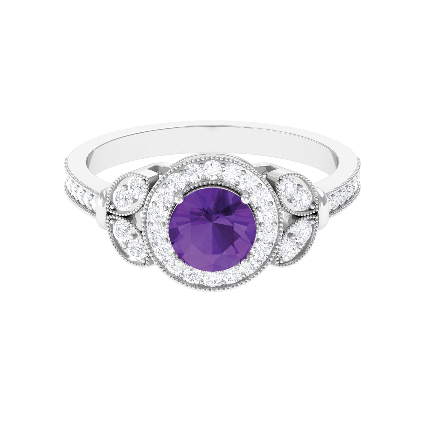 Vintage Looking Amethyst and Diamond Halo Engagement Ring