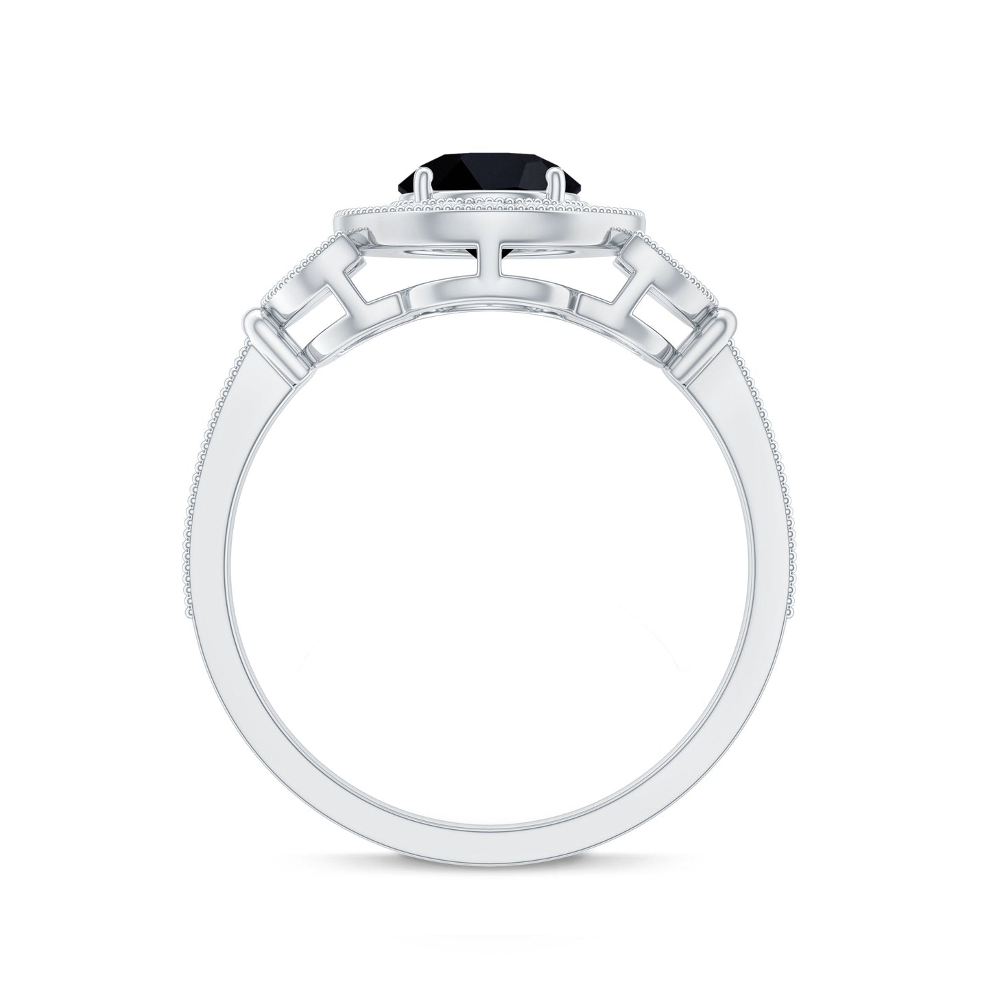 2 Carat Round Black Onyx Vintage Engagement Ring with Diamond Halo
