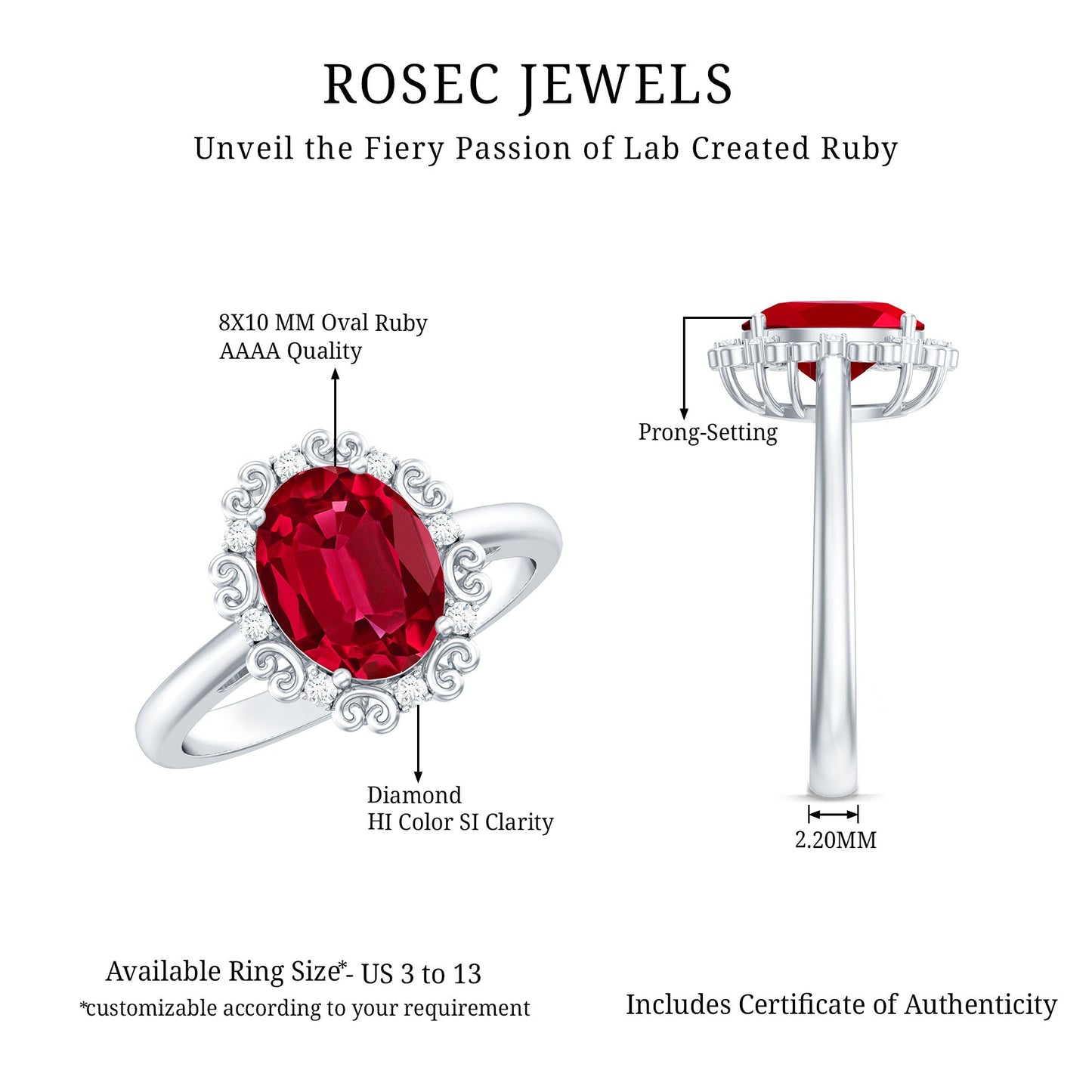 Vintage Style Oval Lab Created Ruby Engagement Ring with Diamonds