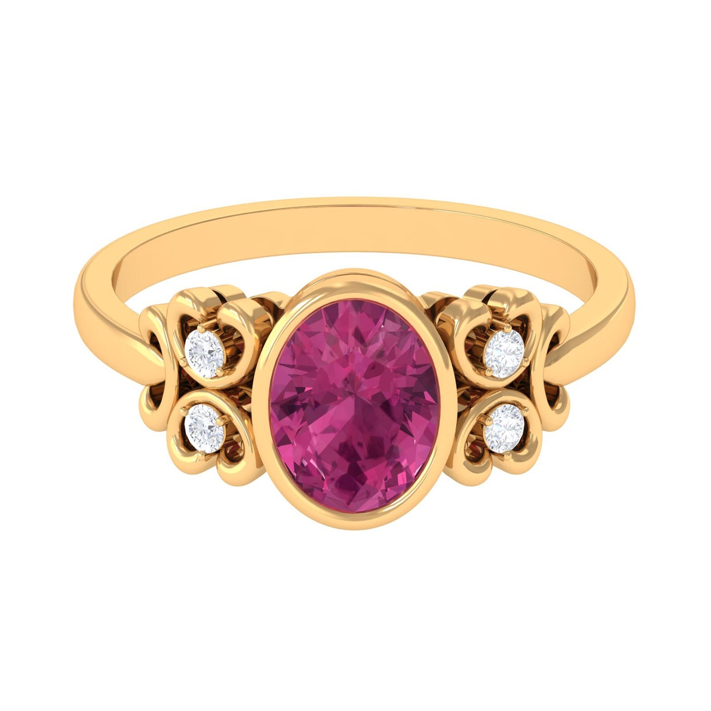 Bezel Set Oval Pink Tourmaline Statement Engagement Ring with Diamond