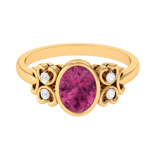Bezel Set Oval Pink Tourmaline Statement Engagement Ring with Diamond