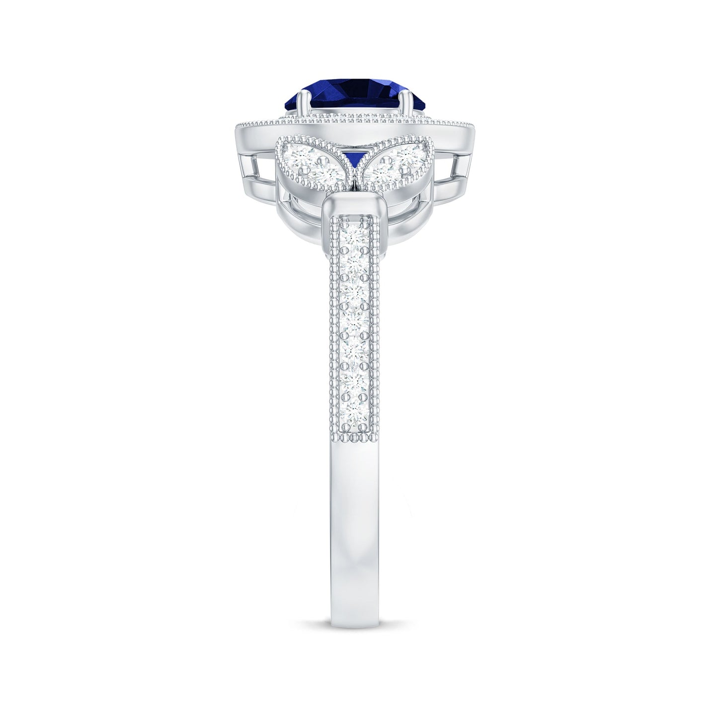 1 Carat Lab Grown Blue Sapphire Engagement Ring with Diamond Floral Halo