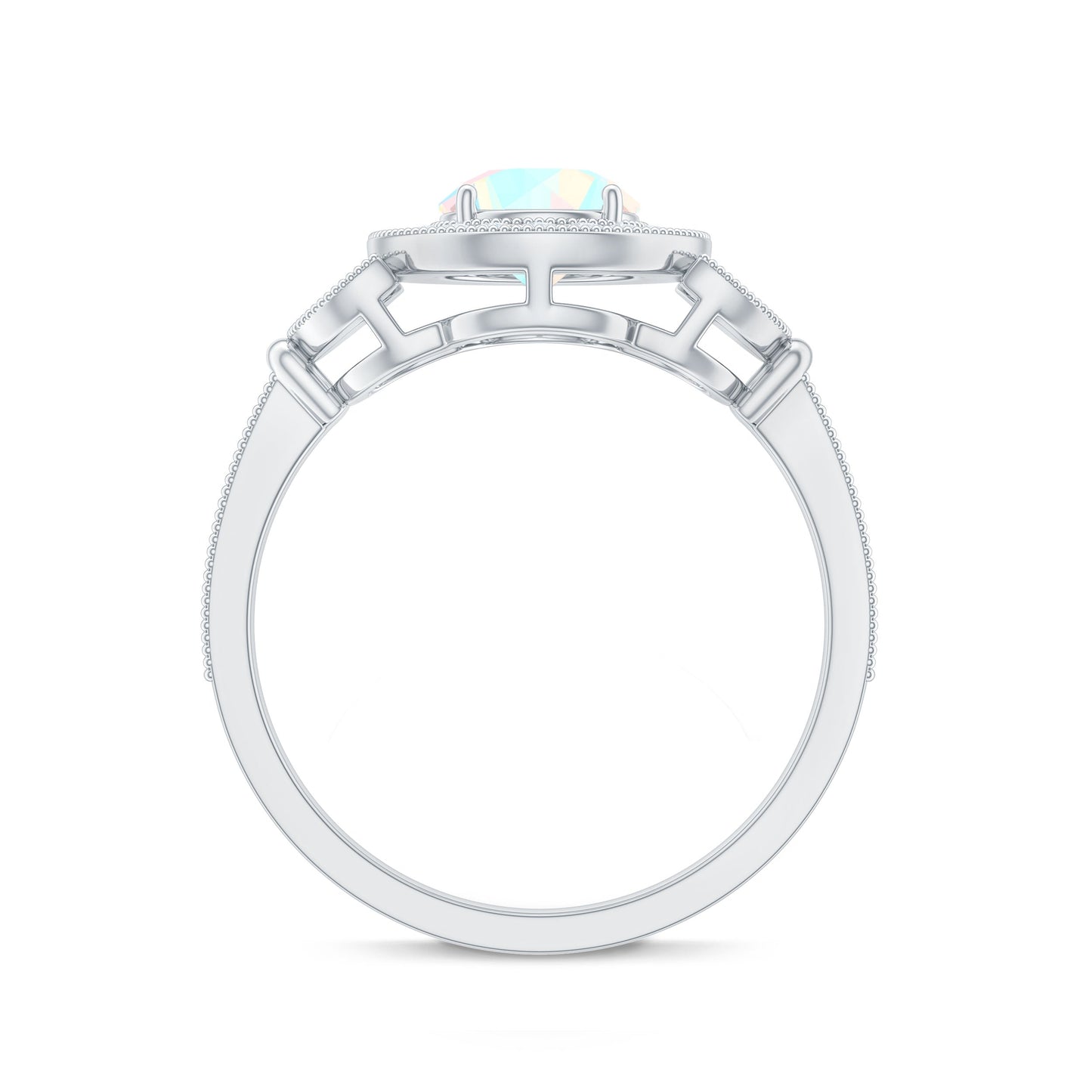 Vintage Inspired Ethiopian Rainbow Opal Engagement Ring with Diamond Halo